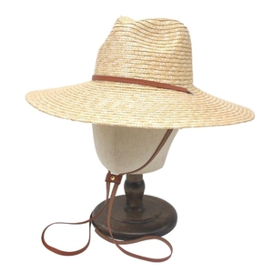 Classic wide-brim straw hat with brown leather band and chin strap on a mannequin