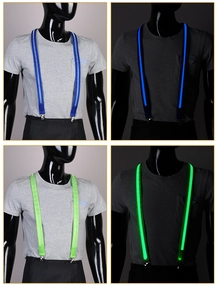 Detailed views of LED suspenders in blue and green showing lighting effects in the dark