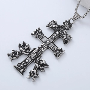 Vintage hip-hop cross necklace with embossed angel figures and silver-toned chain