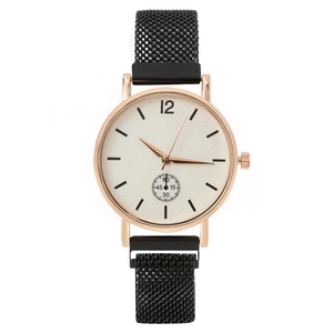 Rose gold quartz watch with white grainy dial and black magnetic mesh strap for women