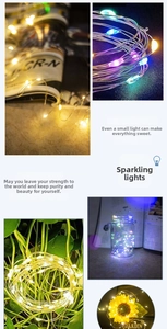 Macro view of flexible copper wire LED string lights used for interior decoration