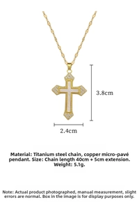Detail view of gold titanium cross necklace with shell inlay and micro-pendant measurements