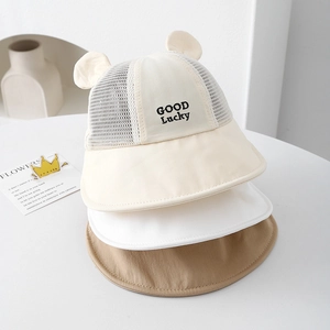 Kids breathable mesh sun hat with cute ears and Good Lucky embroidery in neutral colors