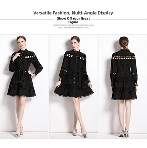 Detail of high-waist black long sleeve dress featuring hollow lace and layered cake skirt