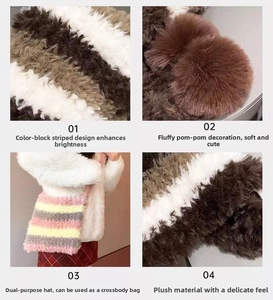 Detail view of striped plush hat with dual pom-poms and versatile bag function