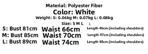 Detailed size chart for white lace patchwork satin top showing bust and waist measurements