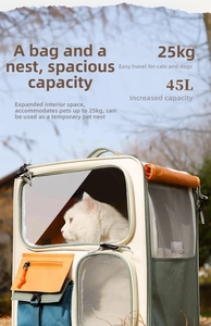 Detail of 45L pet carrier backpack in beige and green, holding up to 12.5kg outdoors