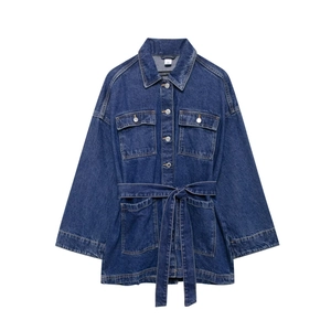 Women Denim Jacket Long Sleeve Lapel Belted Waist Mid-length Casual Retro Solid Color Outwear Coat With Pockets
