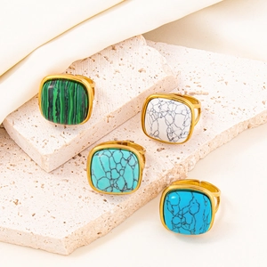 Adjustable 304 stainless steel gold rings with colorful square natural stone inlays