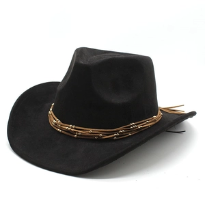 Chapeau de cow-boy noir en similicuir avec cordon en cuir marron et perles dorées