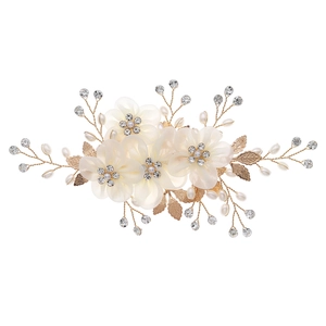 Elegant floral hair clip with white organza flowers, pearls and rhinestones on gold branch