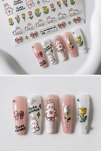 3D relief nail art stickers featuring cute rabbits and tulip designs for manicure