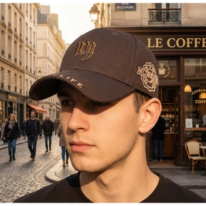 Detail of NY gothic embroidery and LIFE text on a premium brown cotton baseball cap