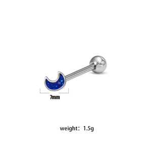 Detailed view of stainless steel tongue ring with 7mm blue moon stud weighing 1.5g