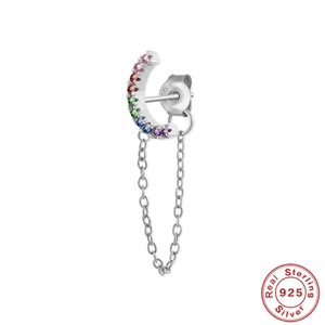 Detail view of S925 sterling silver tassel chain earring with rainbow gemstone pavé inlay