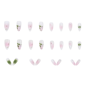 Pink pearl press-on nails with floral glitter and 24-piece short almond design