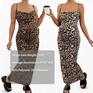 Leopard Print Maternity Dress Sleeveless Backless Spaghetti Strap Sexy Slim Fit Polyester Elastane Summer Maxi Long