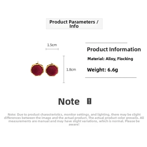 Detailed view of red flocked geometric earrings with dimensions 1.5cm by 1.8cm