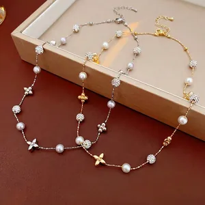Elegant Flower Artificial Pearl Pendant Necklace Gold Plated Copper Cubic Zirconia Pave Ball Fashion Jewelry Gift For Women