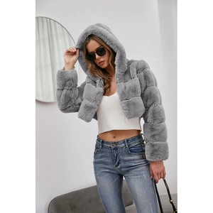 Short grey faux fur hooded coat jacket for women with stylish cropped design and bubble sleeves