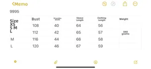 Size guide for faux fur coat showing bust, shoulder, sleeve, and length measurements