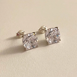 Classic cushion-cut zircon stud earrings in 925 sterling silver with four-prong setting
