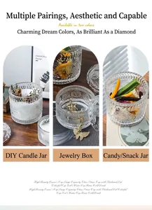 Detailed views of embossed glass storage jar for candles, jewelry, and candy storage