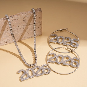 Elegant silver 2026 New Year jewelry set with rhinestone necklace and hoop earrings