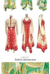 Detail of bohemian floral print fabric and halter neck design on a flowy maxi dress