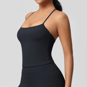Dettaglio delle spalline sottili e del retro di un reggiseno sportivo lungo nero