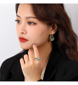 Detailed close-up of golden S925 silver ring and earrings set with abalone shell inlay
