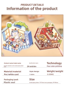 Detail view of colorful scenery sticker books with interior scene layout and spec table