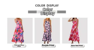 Detailed color display of summer floral maxi dresses in blue, purple, and rose print