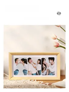 Close-up of a triple solid wood photo frame with warm lifestyle interior decor