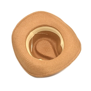 Detail view of woven brown straw hat featuring a breathable spiral pattern and inner sweatband