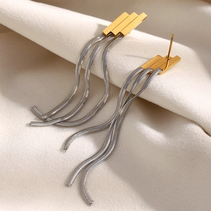 Elegant 18K gold plated stainless steel geometric earrings with silver snake chain tassels