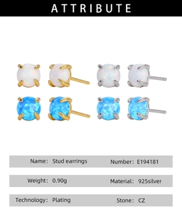 Detailed attribute chart for S925 silver stud earrings with blue and white CZ stones