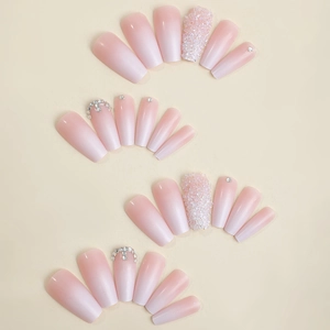 Pink gradient long coffin press-on nails with sparkling rhinestones and French style