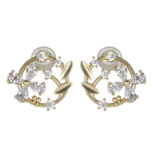 Golden flower earrings with sparkling rhinestones and large white pearl backings