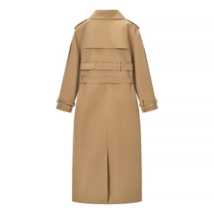 Back view of a classic khaki long trench coat featuring double belts and epaulettes