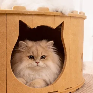 Cylindrical felt cat tunnel bed with cat-head shaped opening for indoor pets