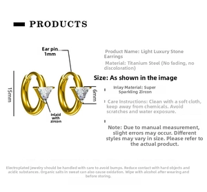 Detailed size specifications of gold plated titanium steel hoop earrings with cubic zirconia
