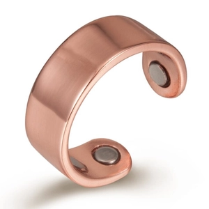 Adjustable copper magnetic therapy ring with brushed finish on a clean white background