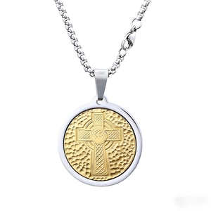 Celtic cross round pendant necklace in silver and gold tone stainless steel finish