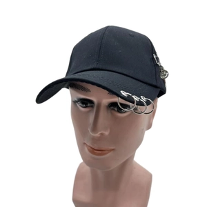 Hip hop black baseball cap with silver metal rings and smiley face pin pendant
