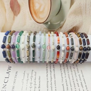 Natural Gemstone Beaded Bracelet Rectangular Column Stones With Metal Spacer Beads Bohemian Style Jewelry For Women