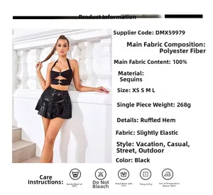Detailed size chart and fabric specs for black sequin skirt set with ruffle hem details