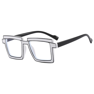 Cartoon style TR90 black and white square glasses frame with anti-blue light lenses
