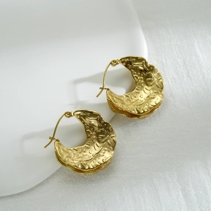 Irregular Hoop Earrings 18K Gold Plated Stainless Steel Hammered Texture Geometric C-Shape Elegant Jewelry For Women