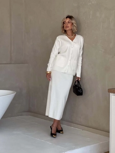 Elegant cream white two-piece knitted cardigan and maxi skirt set for women with V-neck